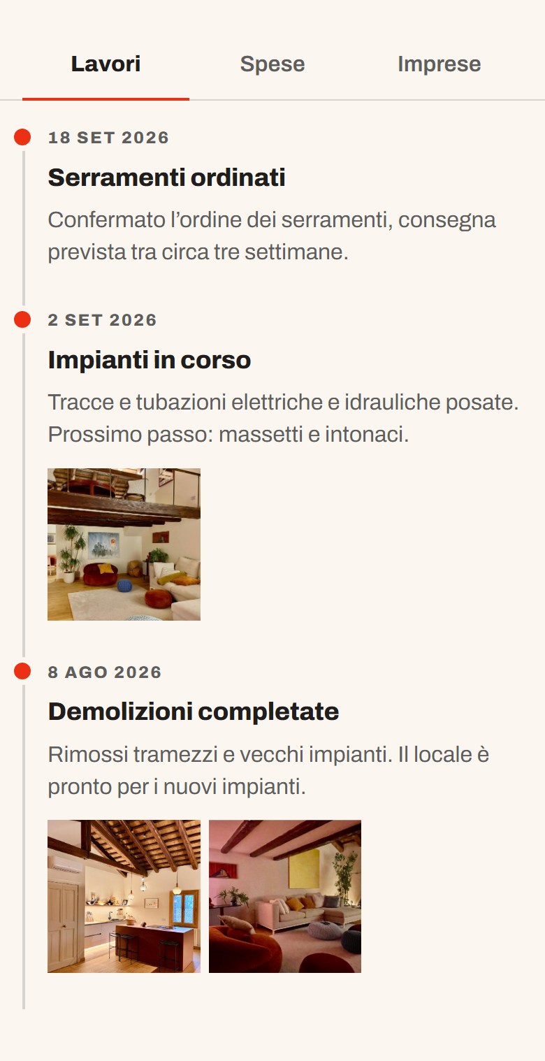 Schermata dell'area riservata con gli aggiornamenti di cantiere e le foto dei lavori